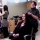 Hairstylist shaving her client’s head for Basin Electric's St. Baldrick’s event